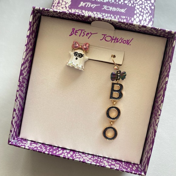 BETSEY JOHNSON Halloween Crystal & Glitter Boo-Ghost Mismatch Drop Earrings NIB - Picture 4 of 6